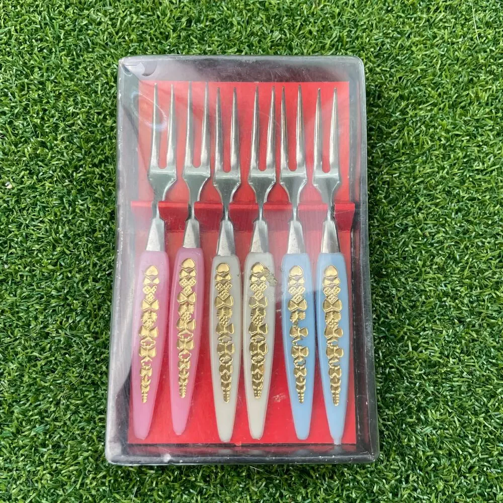 Vintage Mid Century Stainless Acrylic Handle Cocktail Fork Set 6